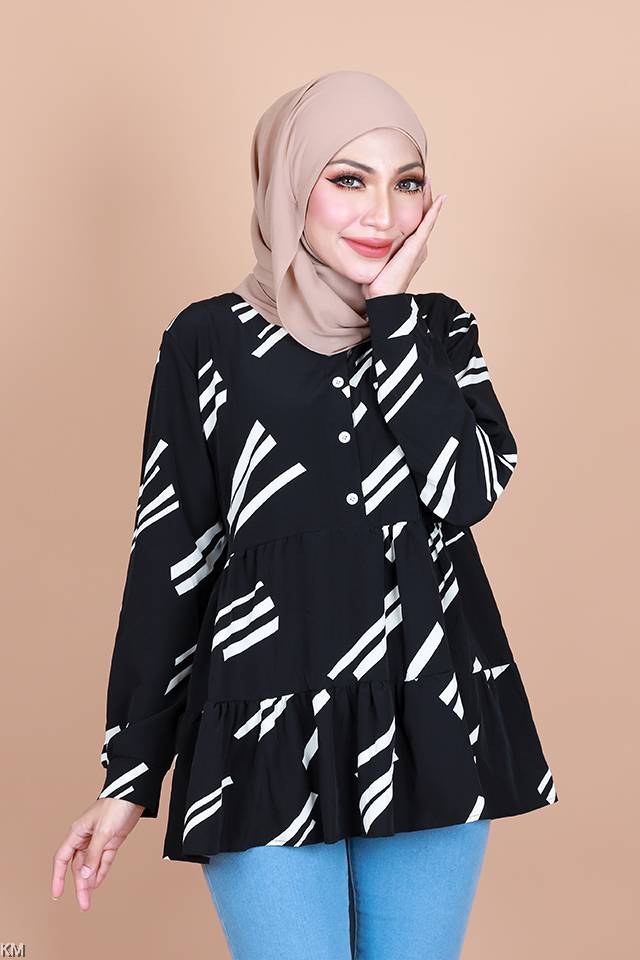 QA-838 - Front Button Line Blouse Black White Line